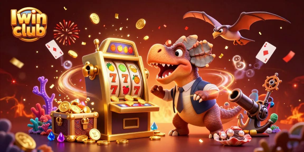 Iwin club brings excitement as a pachycephalosaurus wins a jackpot, colorful coins cascade.