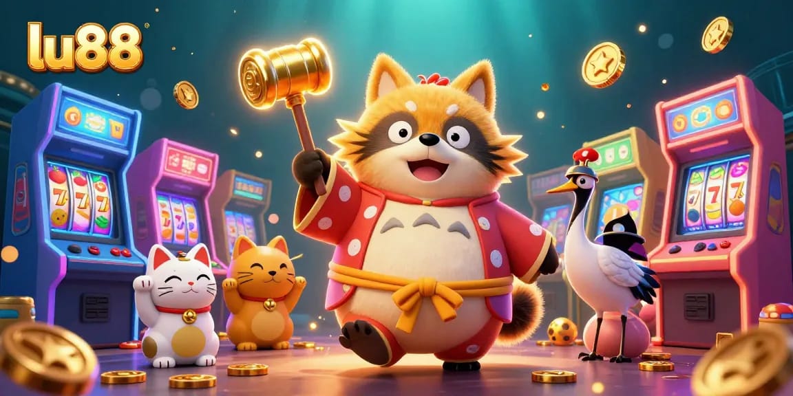 Boost your luck at lu88 with a vibrant 3D illustration of a cheerful tanuki and lucky symbols.