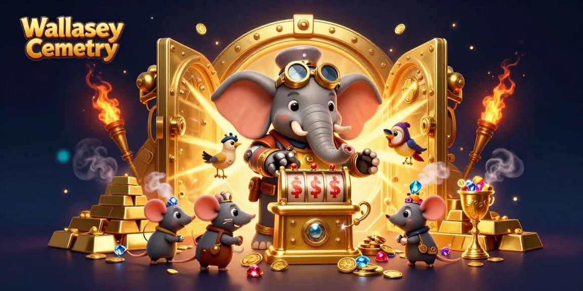 Engaging depiction of Wallasey Cemetery featuring steampunk elephant operating a golden slot machine amid treasure.