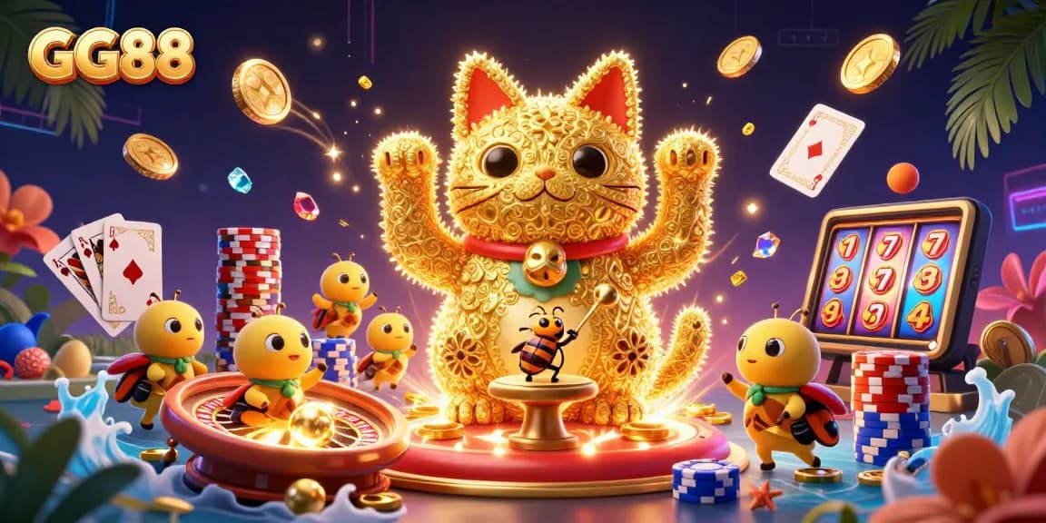 Experience GG88's vibrant online casino scene with a lucky cat and dazzling casino symbols.