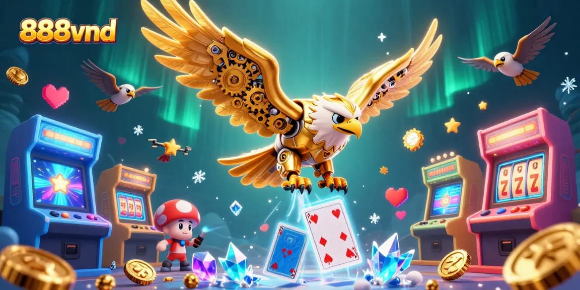 Engage with 888vnd's vibrant casino world with dynamic 3D eagle and gaming elements.