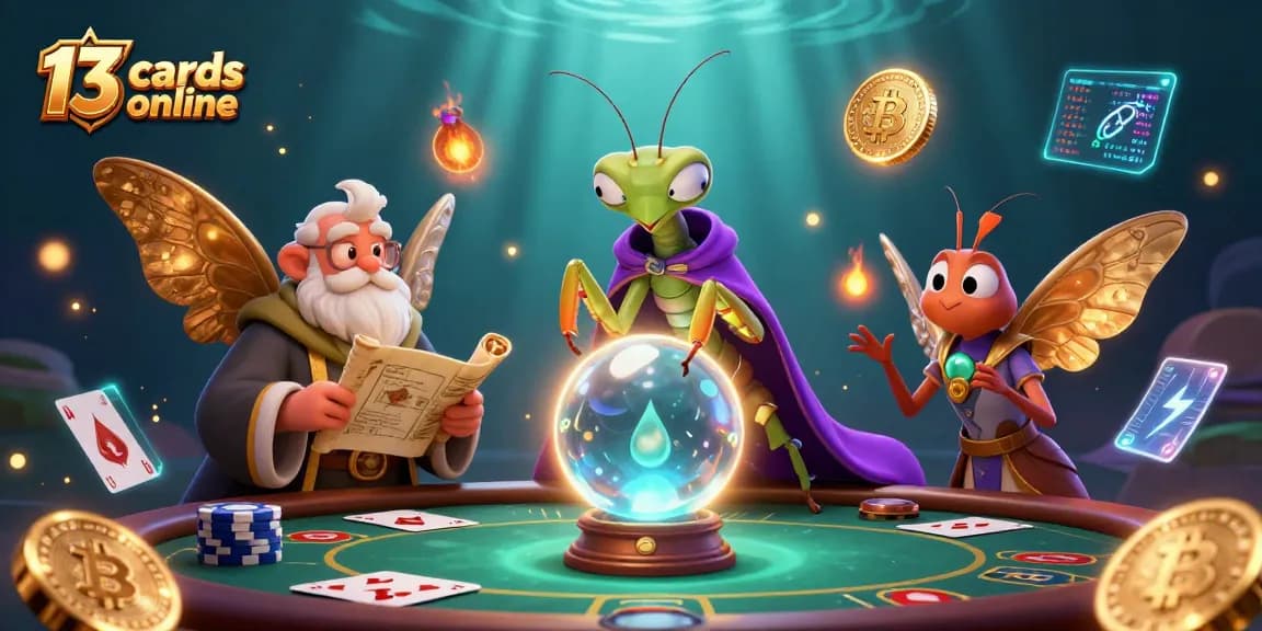 Engage with the strategic world of 13 cards online through this dynamic 3D illustration featuring charismatic characters and game elements.