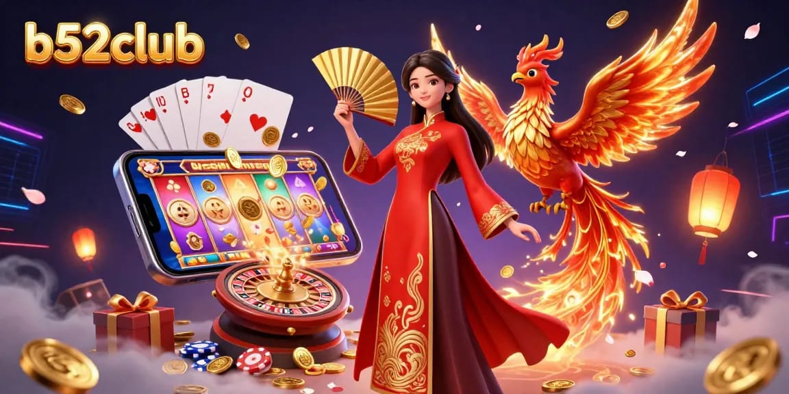 Experience the vibrant b52club with stunning Asian casino elements, showcasing dynamic golden coins and slot games.