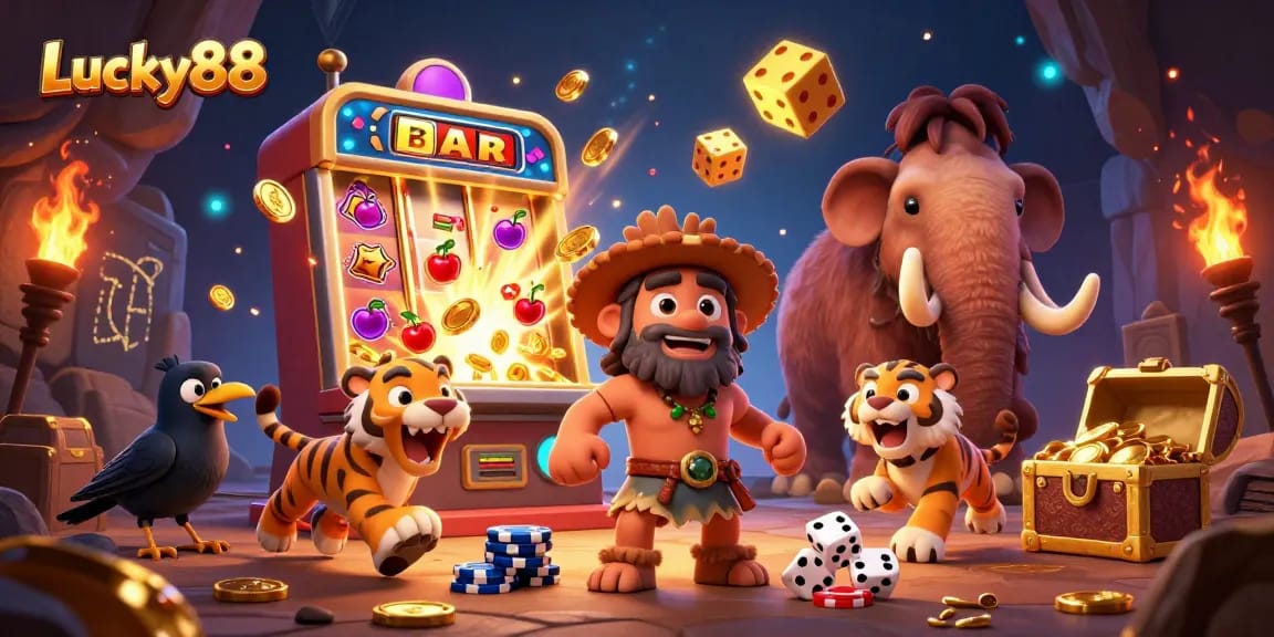 Experience thrilling action at Lucky88 with a vibrant 3D illustration of cavemen and a sabertooth tiger running a prehistoric casino.