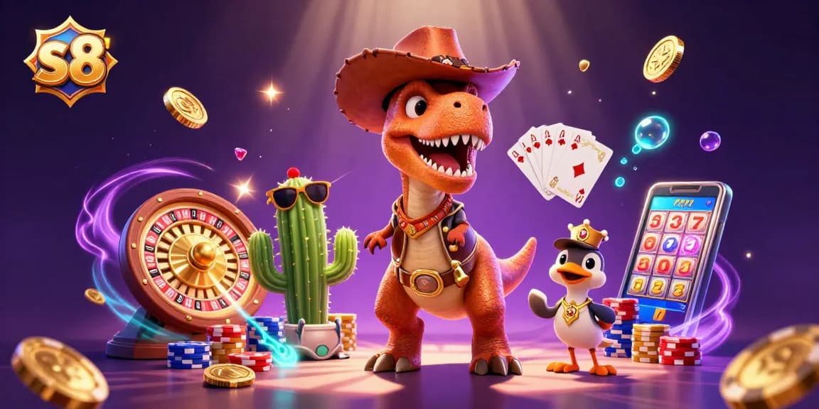 Engage with s8's exhilarating games featuring a vibrant T-Rex cowboy scene amidst cash rewards.