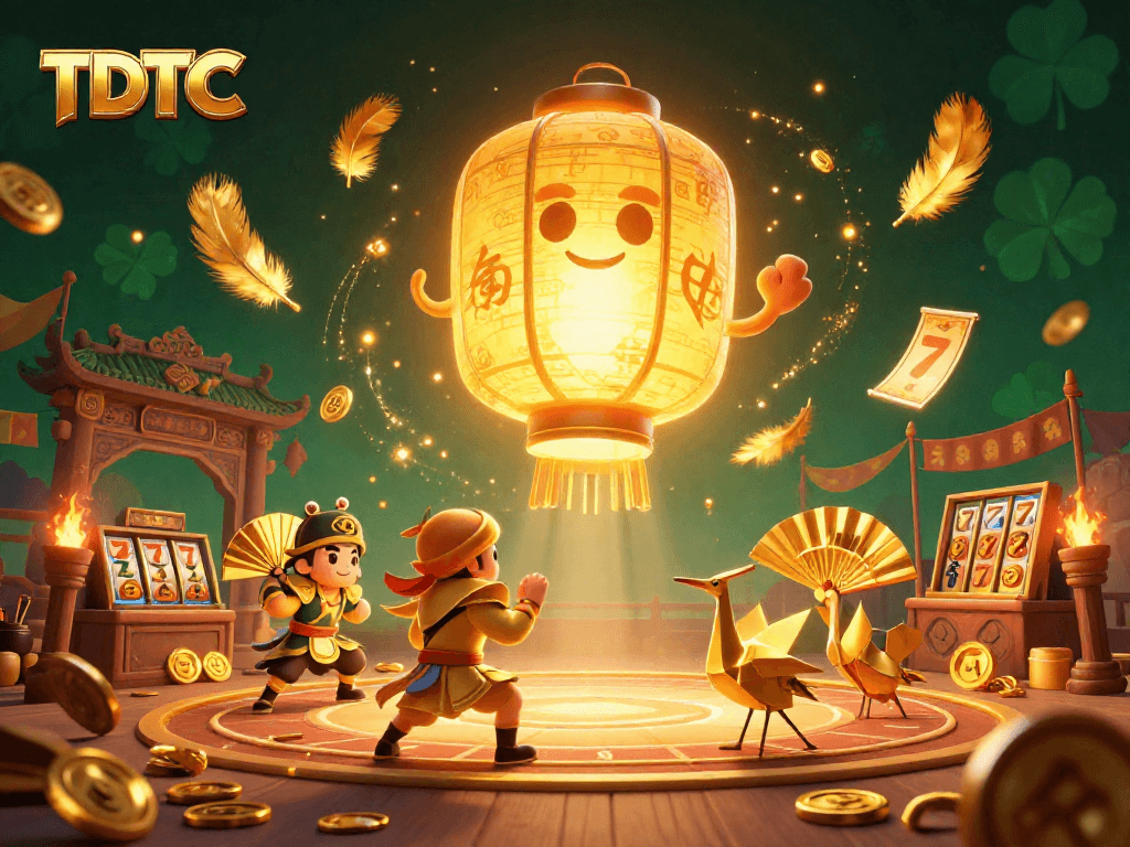 Engage with TDTC in this vibrant 3D illustration showcasing a golden lantern spirit amidst a casino night market.