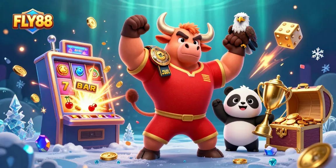 FLY88 showcases a muscular bull and eagle in an exciting casino scene with slot machines and treasures.