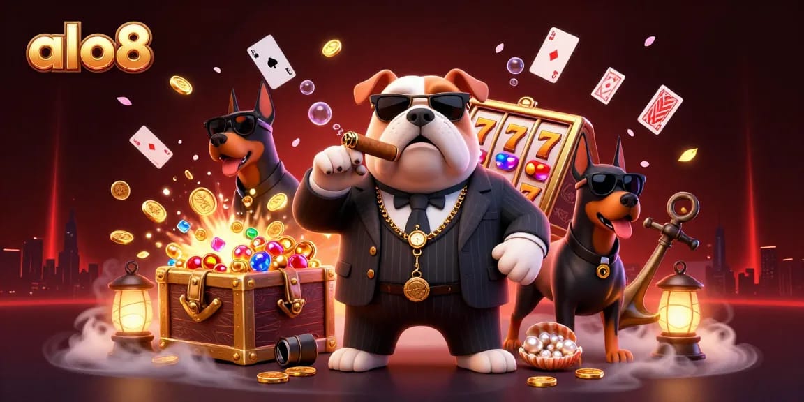 Play and win at ALO8 with an engaging 3D illustration showcasing exciting casino elements.