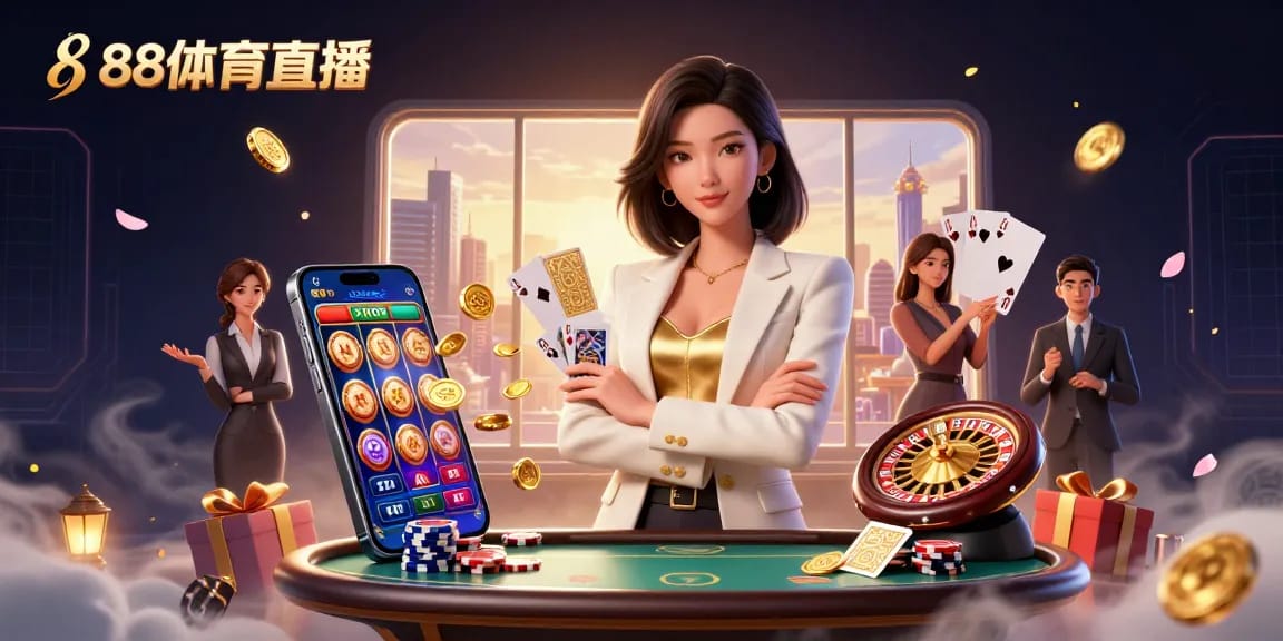Engage with 88体育直播 in a vibrant digital casino scene featuring dynamic gaming elements and a powerful businesswoman.