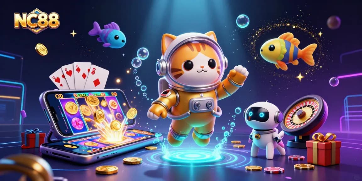 NC88 players engaging with a rich 3D casino scene featuring dynamic games and vibrant characters.