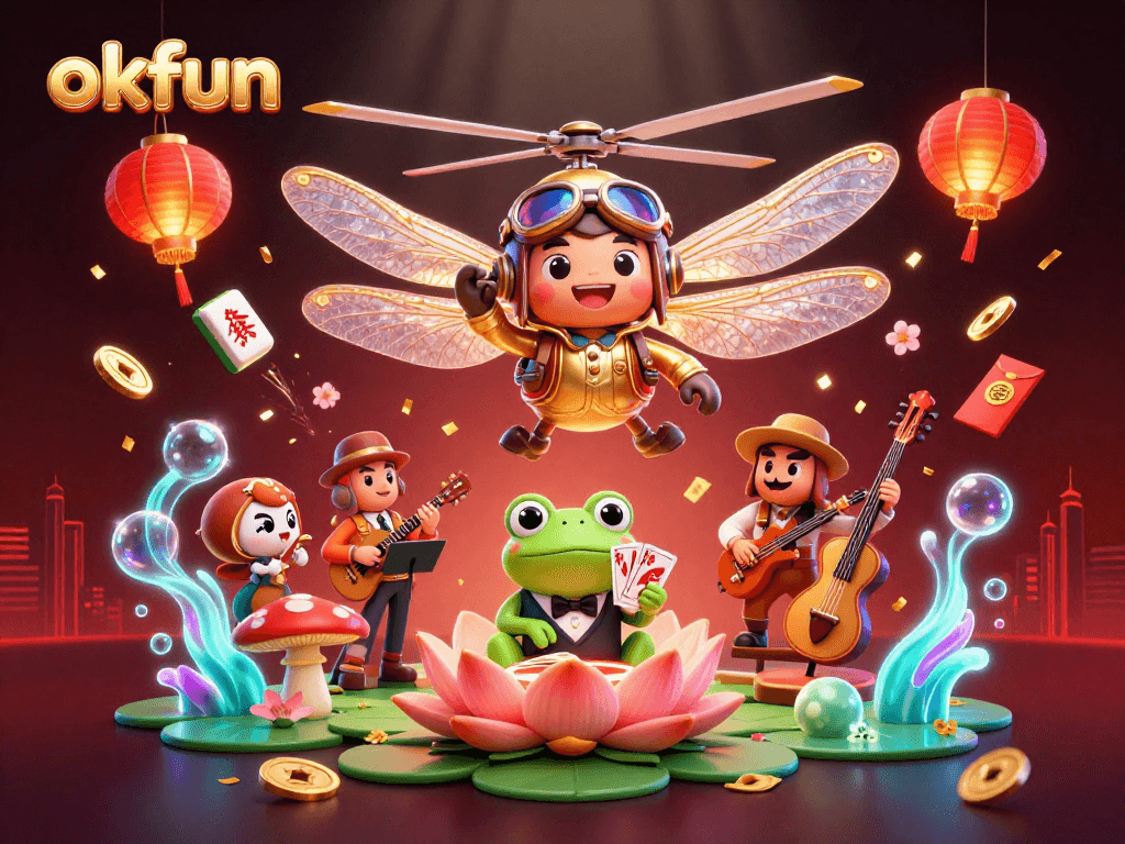Engage in the vibrant casino world of okfun, with lively characters and dynamic game elements surrounding a thrilling scene of chance.