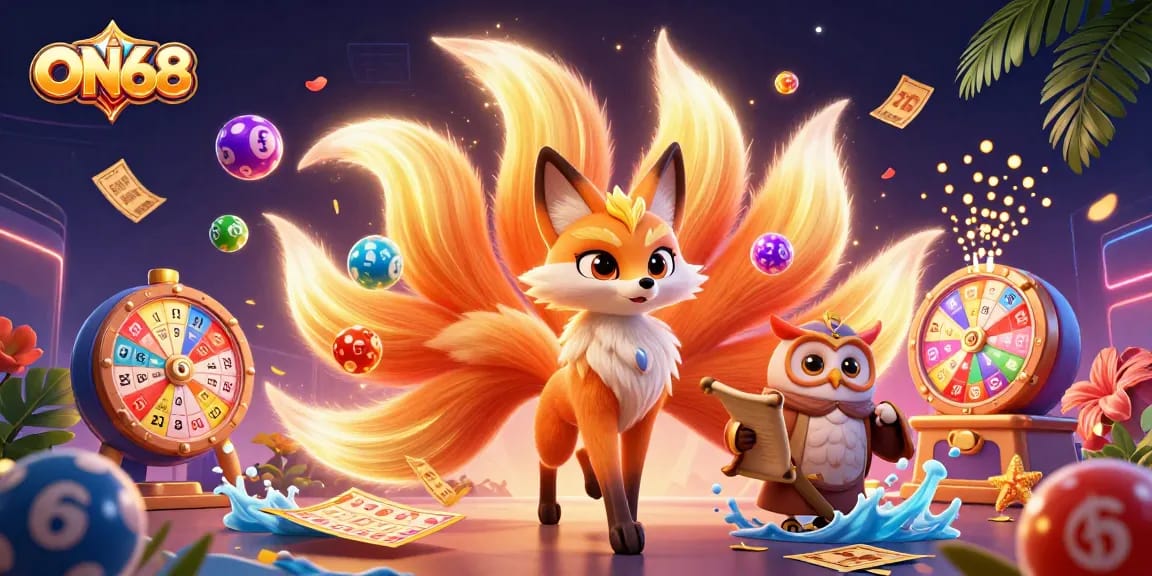 Engage in gaming excitement at ON68 with colorful lottery balls, shimmering golden tickets, and vibrant prize elements.