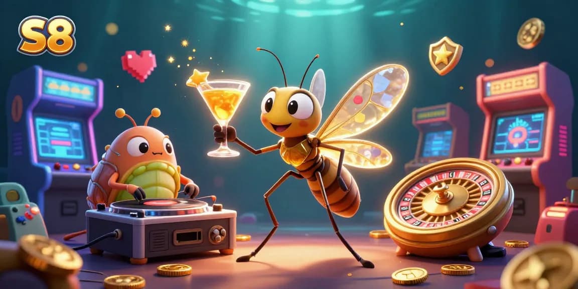 S8 engages players with a dynamic 3D casino illustration showcasing iconic gaming elements and vibrant characters.