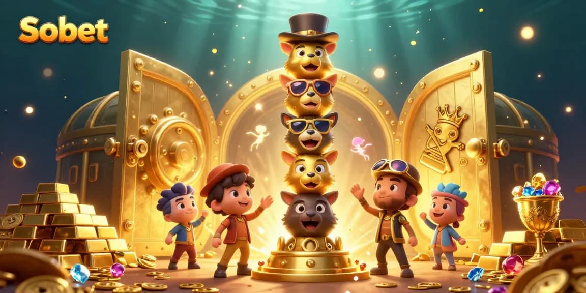 Sbobet betting with dynamic 3D illustrations of a golden totem pole, treasure, and casino elements.