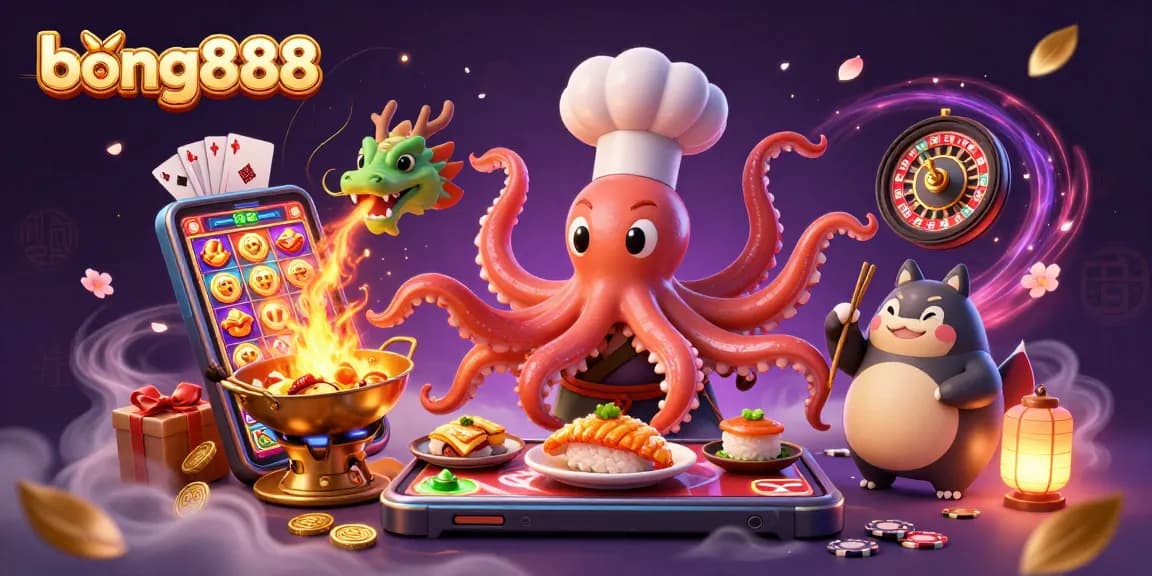Engage with bong888's vibrant scene featuring an octopus chef, a dragon, and rich casino elements.