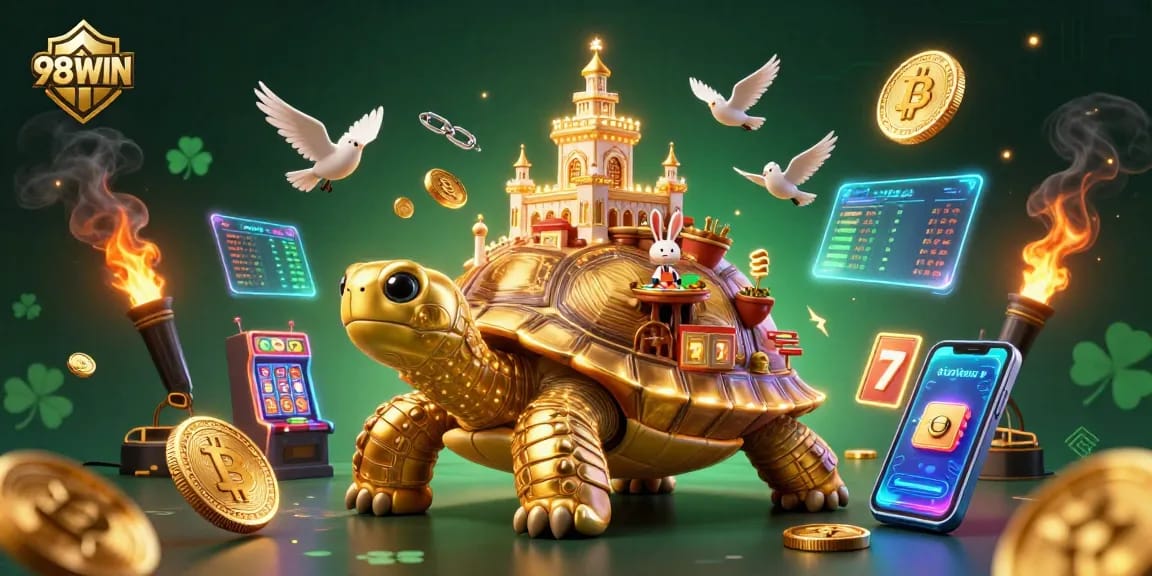 Experience thrilling gaming action at 98WIN, with a dynamic casino scene showcasing excitement and winning possibilities.