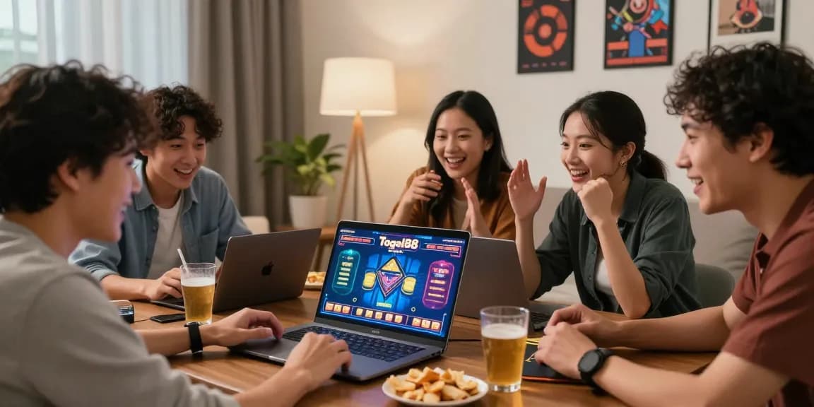 Diverse group enjoying Togel88 Online gaming session in a cozy living room.