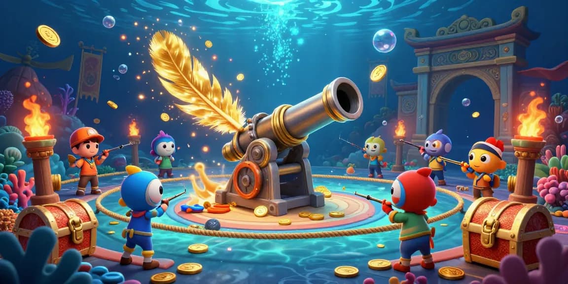 Engage in fishing with a vibrant underwater scene featuring dynamic sea creatures and treasures.