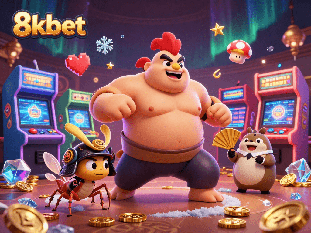 Experience thrilling gaming action at 8kbet with an energetic sumo rooster and samurai cricket