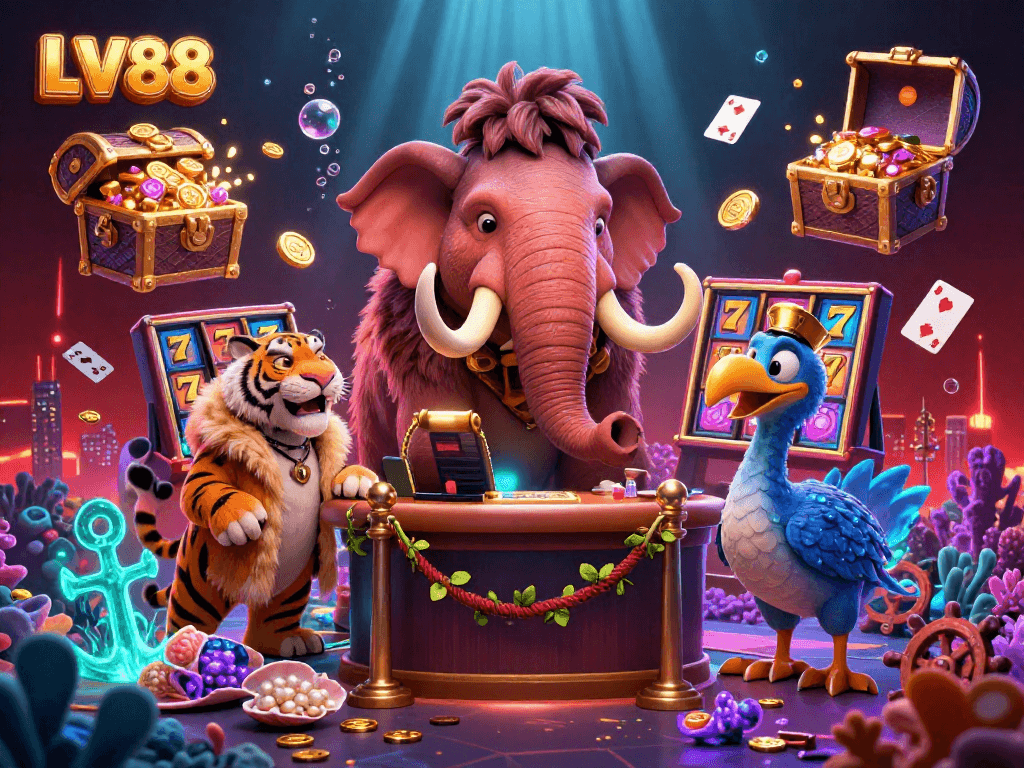Experience LV88's thrill with a vibrant casino scene featuring iconic gaming elements.