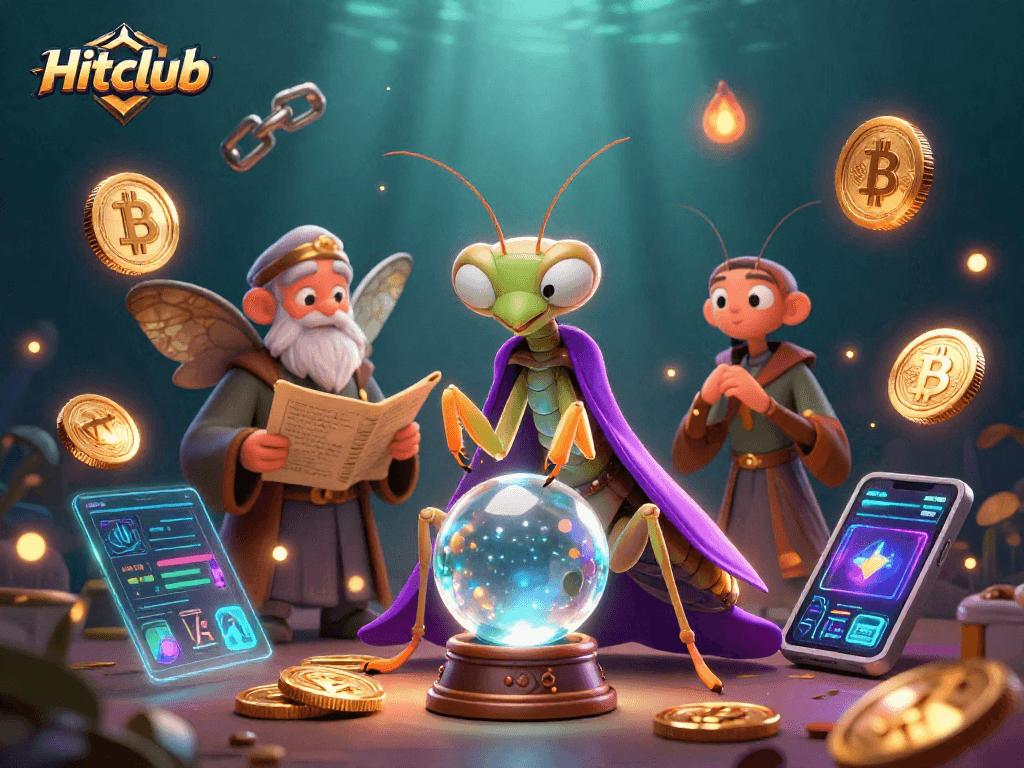Join the vibrant Hitclub experience with a lively casino scene featuring whimsical characters and crypto elements.