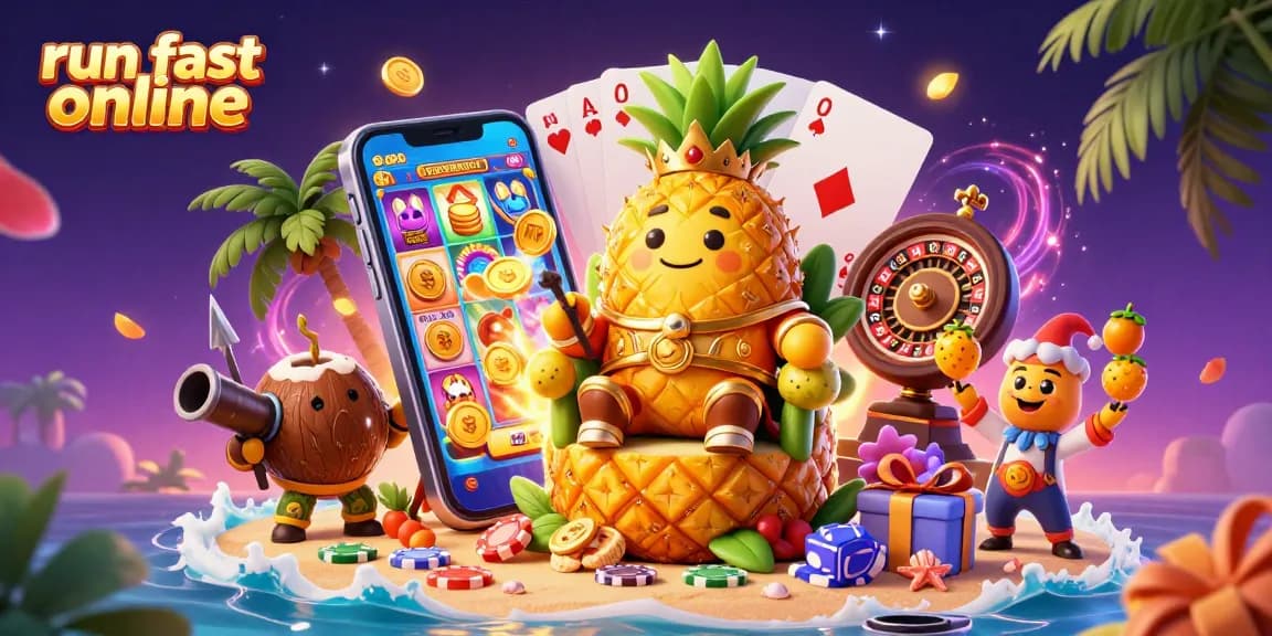 Experience run fast online with a vibrant beach casino scene featuring a golden pineapple king and gaming action.