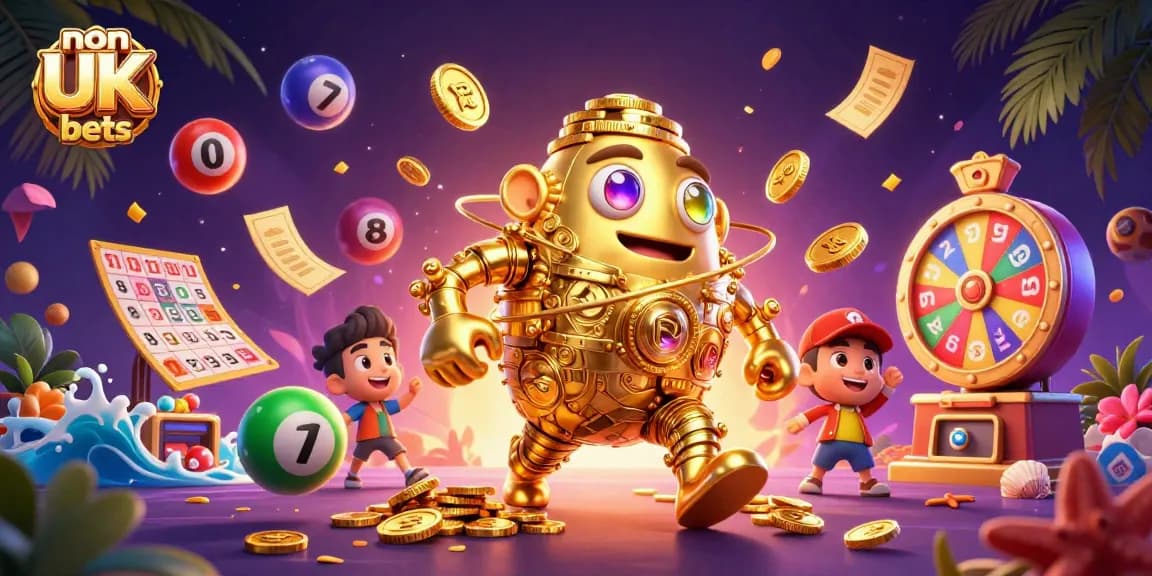 Engage with non UK casino bets through vibrant gaming elements and a golden golem surrounded by fun.
