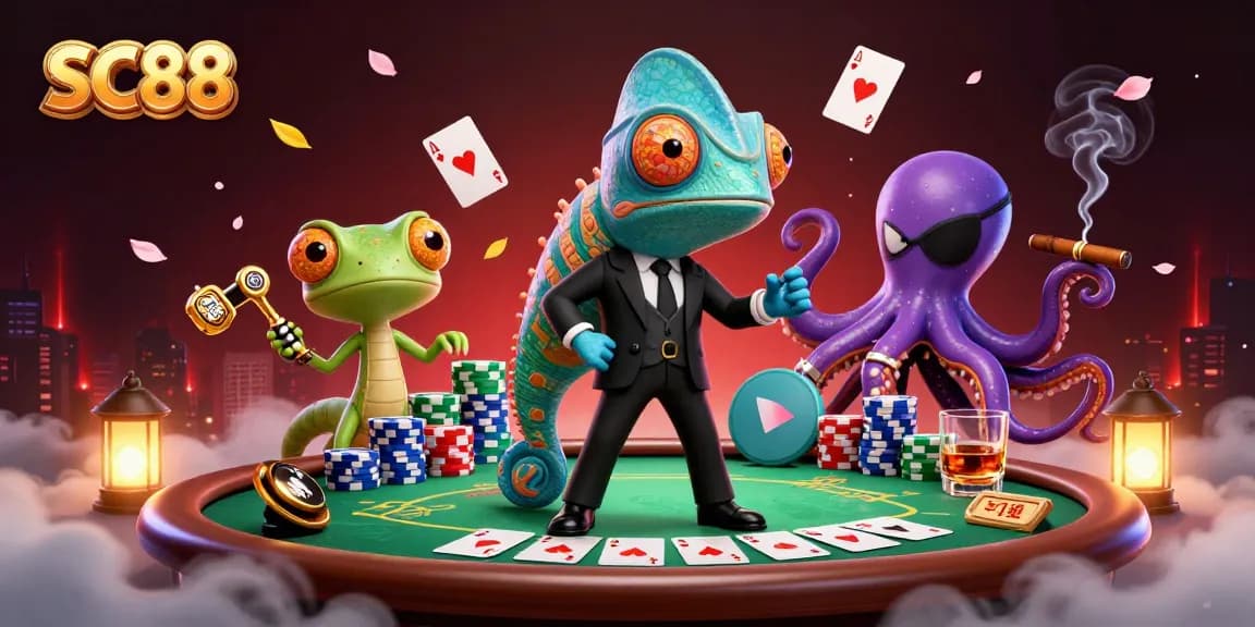 Experience thrilling gameplay at SC88 with a vibrant scene featuring poker action, colorful chips, and dynamic characters.