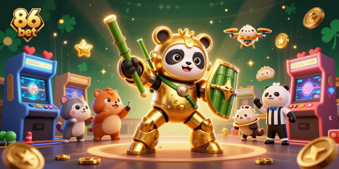 Engage with 86 bet's exciting gaming environment featuring a golden panda mech and arcade elements.