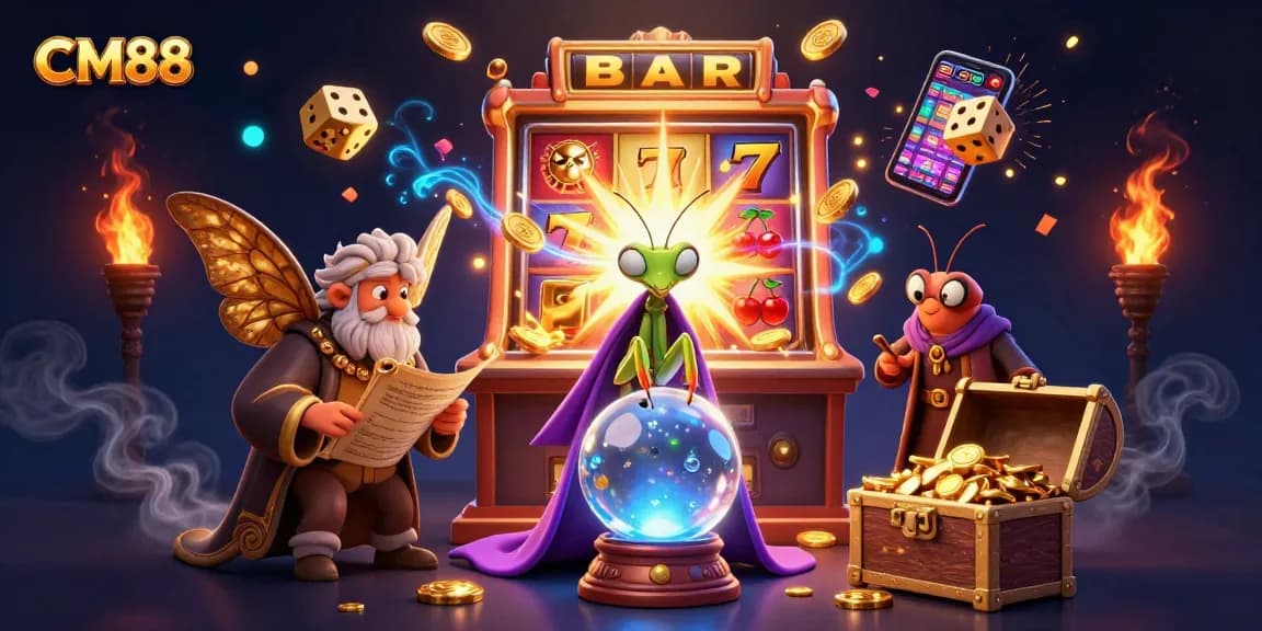 Experience the thrill at CM88 with a magical scene showcasing a fortune teller, slot machine, and vibrant gaming elements.