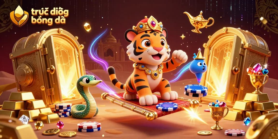 Experience trực tiếp bóng đá in style with this vibrant 3D illustration featuring rich casino elements.