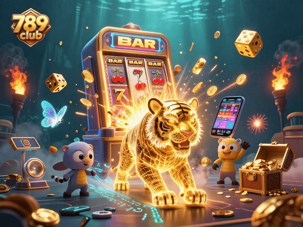 Experience 789 club's vibrant casino atmosphere with a glowing golden tiger and slot machine bursting coins
