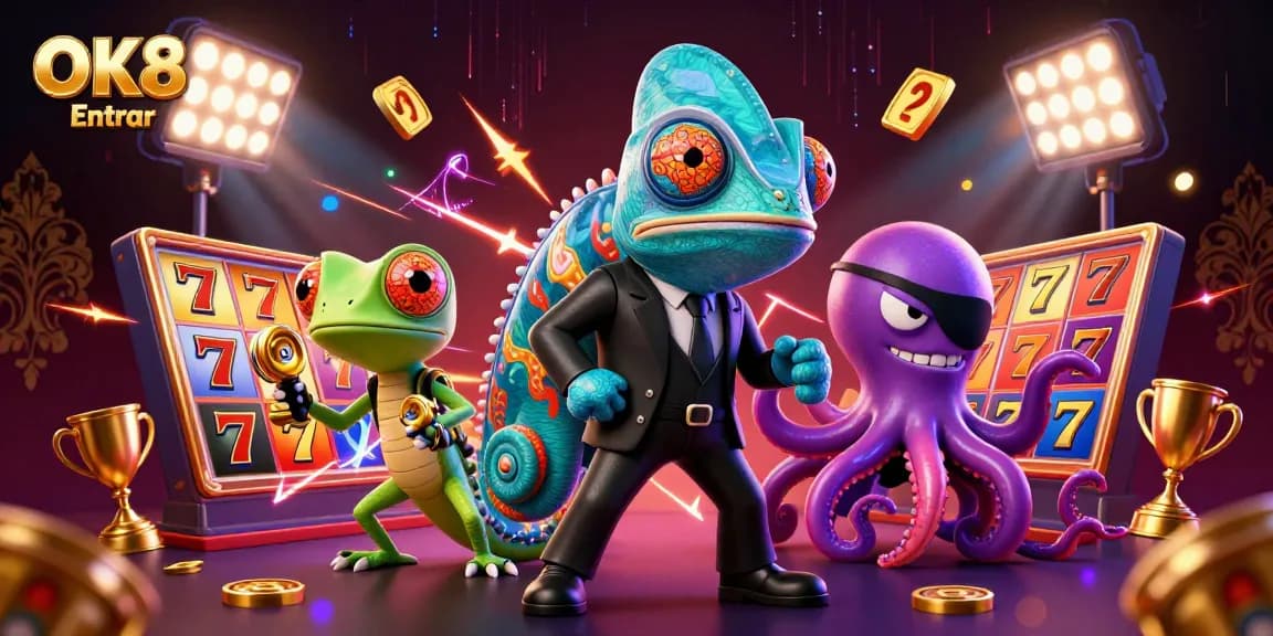 Experience the excitement of OK8 Entrar with a vivid illustration of casino-themed characters and slot elements.