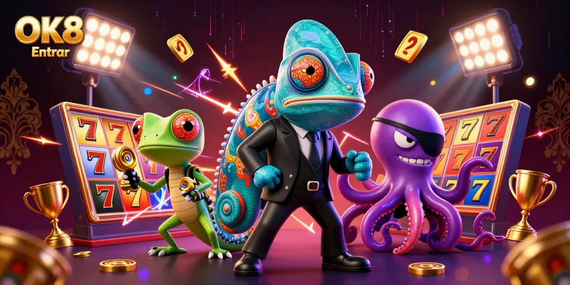 Experience the excitement of OK8 Entrar with a vivid illustration of casino-themed characters and slot elements.