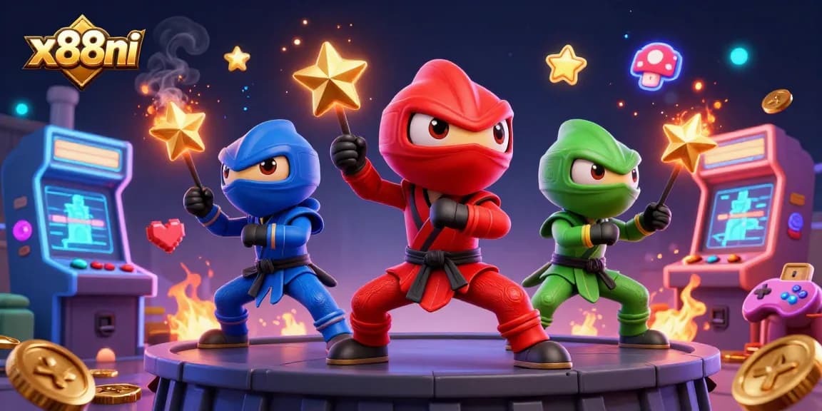 x88ni's dynamic illustration featuring chameleon ninjas in casino-themed action, surrounded by arcade game elements.