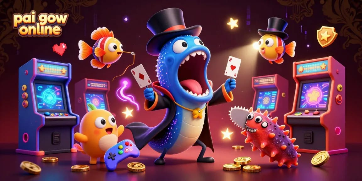 Engage in pai gow online with a vibrant 3D illustration showcasing animated characters performing card tricks.