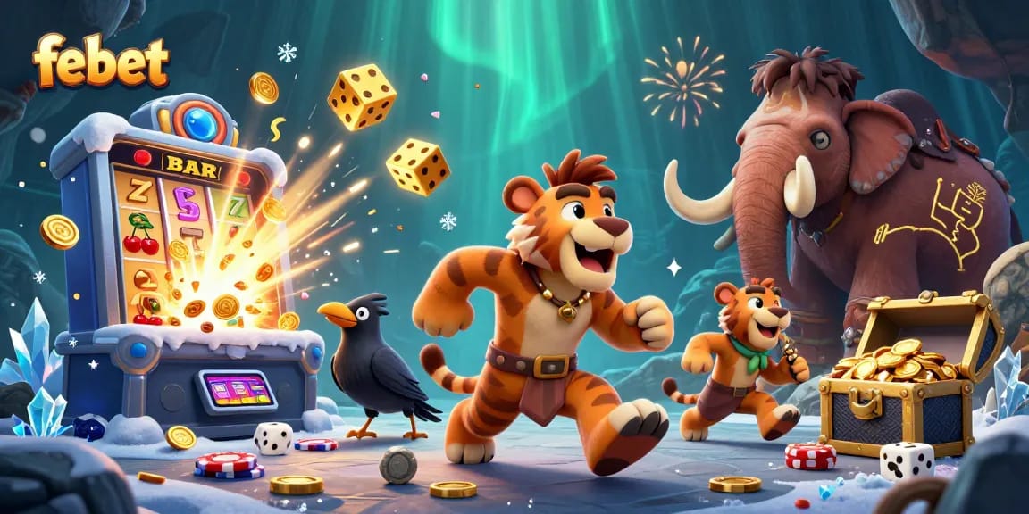 Experience the excitement of febet with a dynamic scene of cartoon characters in a casino.