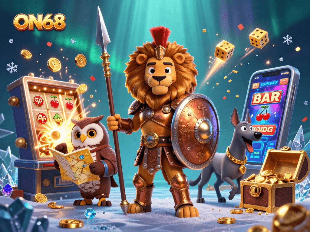 Experience the thrilling games at ON68 with a dynamic 3D casino scene featuring a heroic lion, owl strategist, and greyhound messenger.