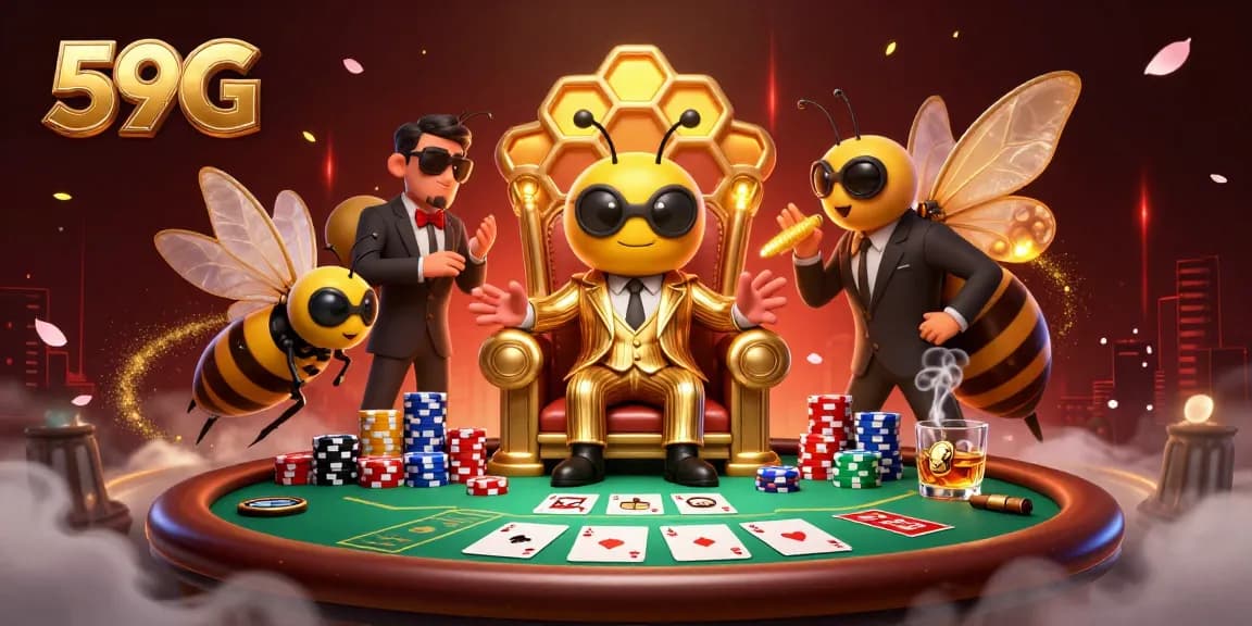 Engage with the vibrant 59G casino scene featuring dynamic characters, a poker table, and colorful chips.