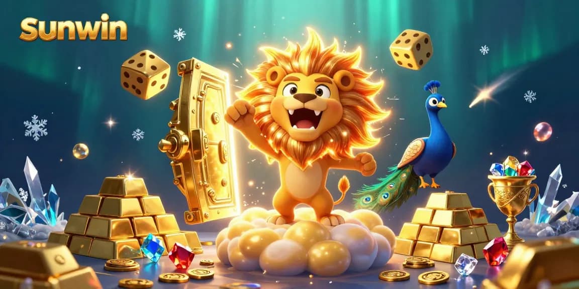 Experience sunwin's vibrant casino adventure with a roaring sun lion and cascading golden treasures.