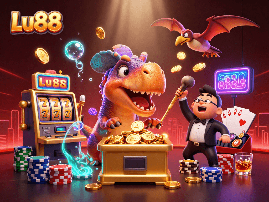 Lu88 showcases a dino-themed casino scene with a grabbing jackpot slot machine and colorful chip stacks.