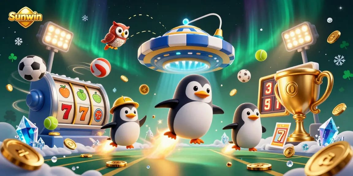 Engage with Sunwin as the golden penguin rockets towards jackpot winning opportunities in a vibrant casino atmosphere.