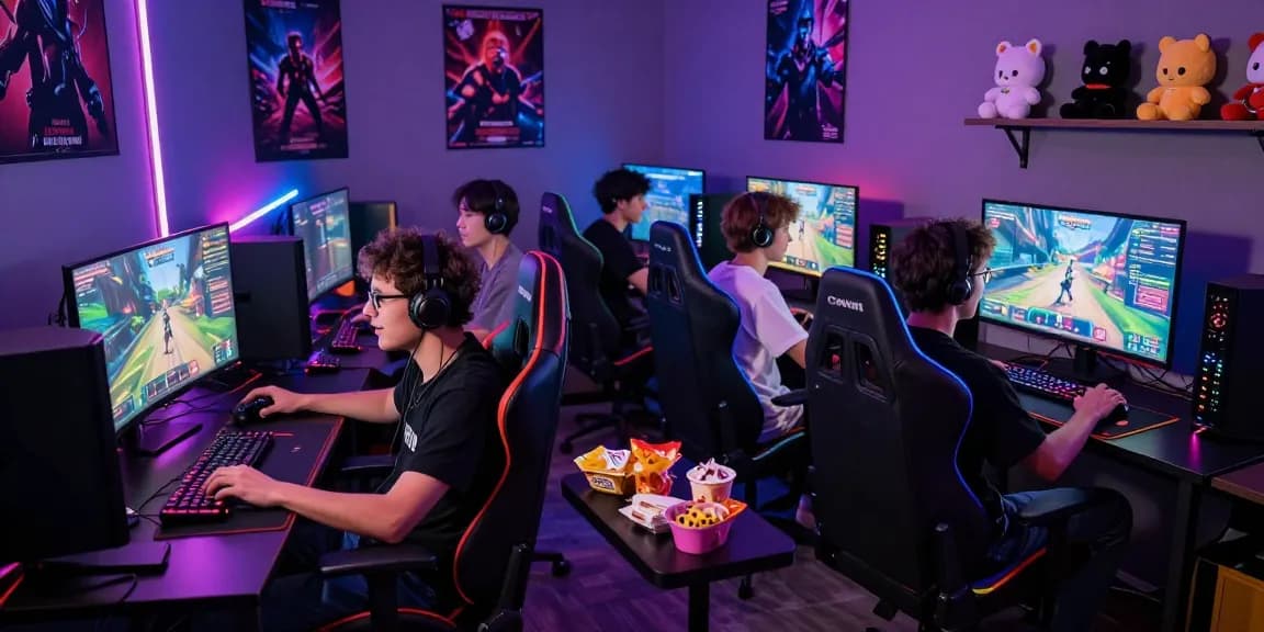 กลุ่มเพื่อนที่กำลังเล่นเกมอย่างเข้มข้นในห้องเกม พร้อมกับการตั้งค่าที่สวยงามเพื่อเล่น playme8 sbo
