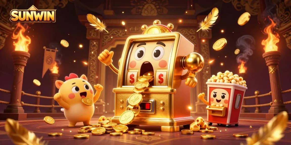 SUNWIN golden slot machine hits jackpot with coins pouring out, celebrating amidst vibrant gaming atmosphere