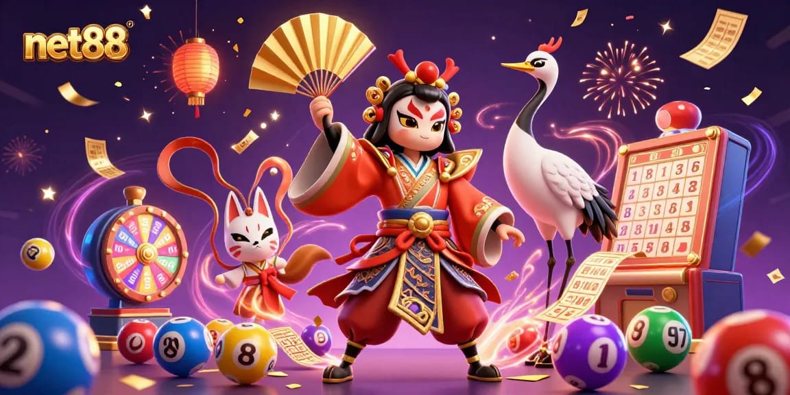 Engage with net88's vibrant gaming scene featuring kabuki warriors and lottery elements.