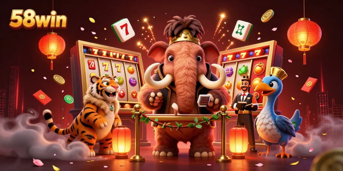 Bet on 58win with vibrant characters, slot reels, and festive decorations in this engaging casino scene.