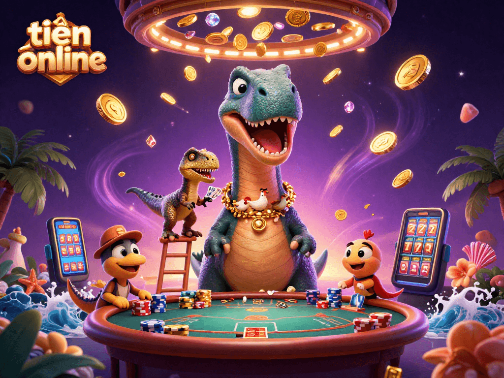 Experience the thrill of tiến lên online with a vibrant 3D casino scene featuring playful characters and gaming elements.