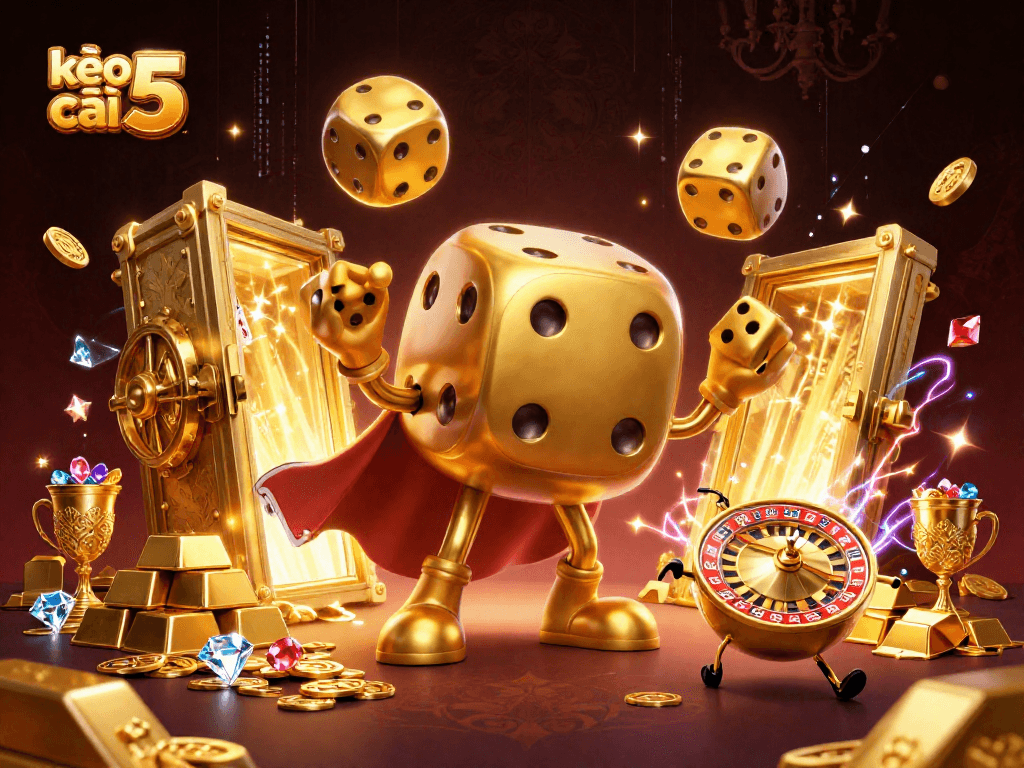 Engage with the thrills of kèo nhà cái 5 amidst dazzling gold and dynamic casino elements.