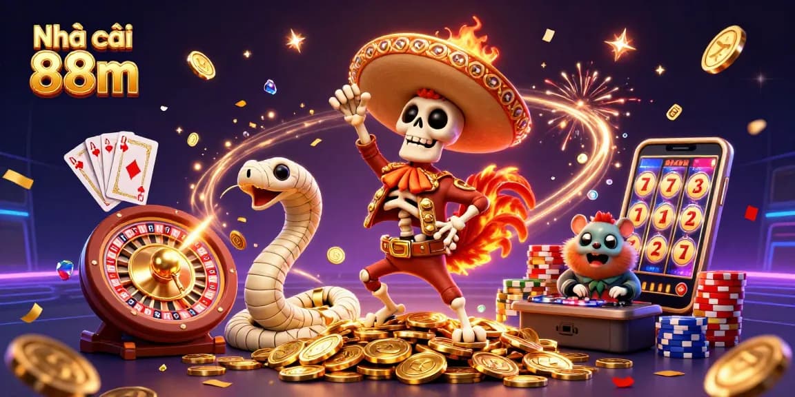 Participate in exhilarating wins at Nhà cái 88m with a vibrant 3D casino illustration featuring unique characters.