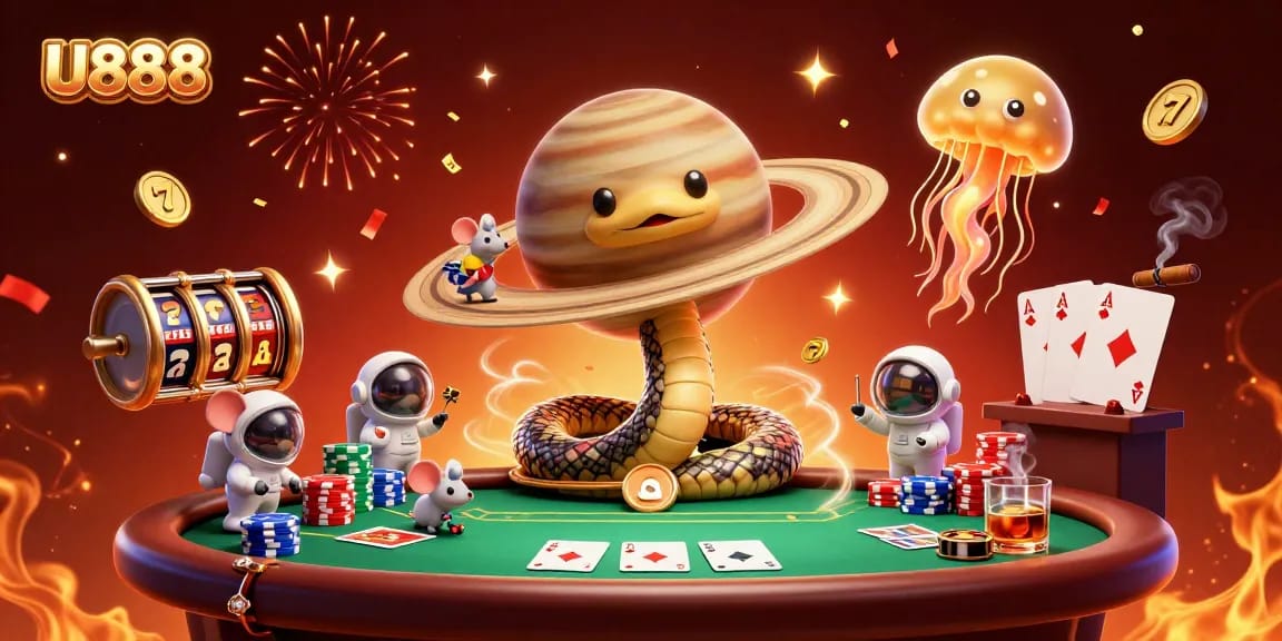 Experience thrilling bets at U888 with a vibrant casino scene showcasing energetic characters and colorful gaming elements.